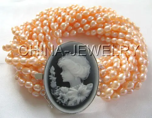 

hot sale FREE SHIPPING ********8" 14row natural pink baroque rice freshwater pearl bracelet - 925 silver clas