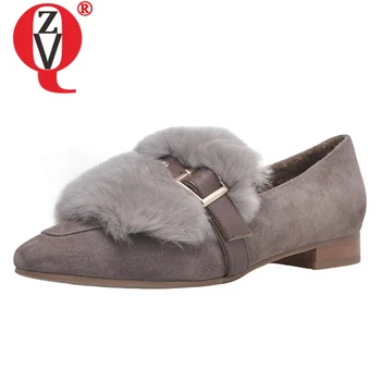 

ZVQ shoes women spring newest concise casual kid suede women flats mixed colors square toe slip-on outside fur decoration shoes