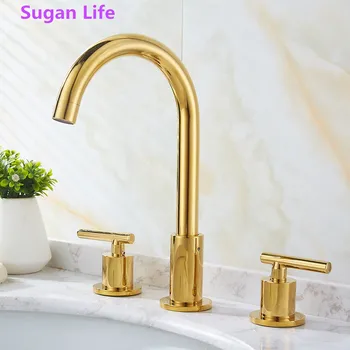 

Sugan Life Bathroom Widespread Basin Faucets Brass Golden Sink Faucets 3 Hole Double Handle Hot And Cold Deck Mounted Water Tap
