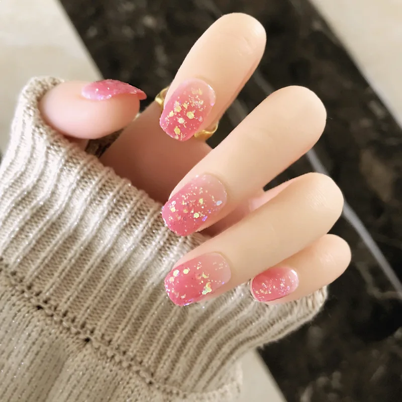 

Pink Glitter False Nails 3D Rhinestone Full Cover Art fake nails with Glue Artificial Bridal Wedding Full Nail Tips 24pcs/Set^