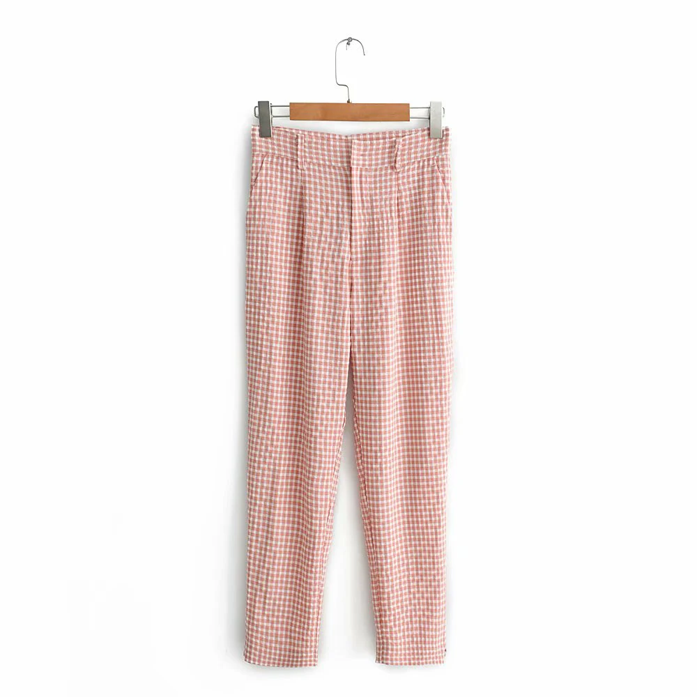 

2019 Women Spring-Autumn Fashion Plaid Long Za Pants Female Casual Red-White Plaid Zipper High Waist Trousers pantalones mujer
