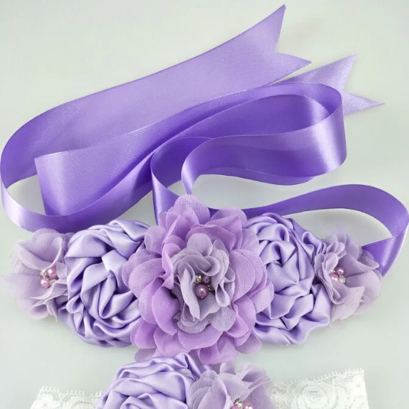 1 Set Chiffon Pink White Purple Flower Sash Matching Baby Headband Satin Sash Belt Flower Girl Hair Wedding Maternity Belts
