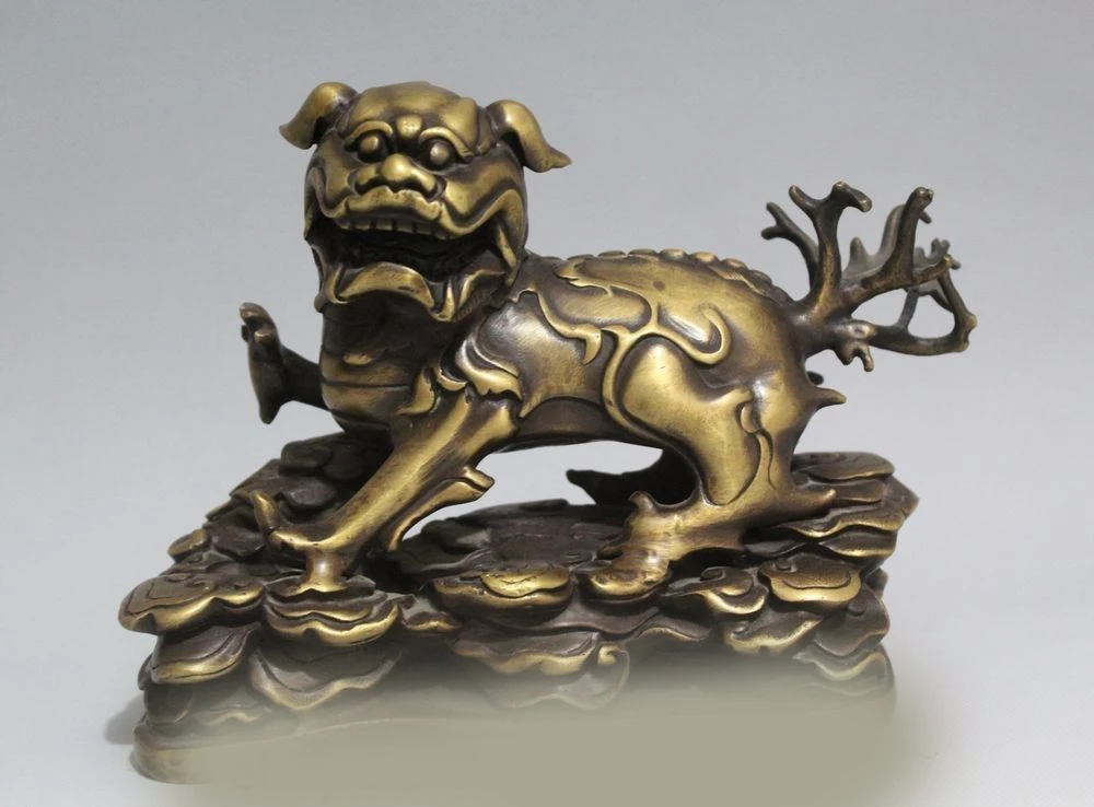 

DS 8" Chinese Bronze Folk Feng Shui Foo Fu Dog Guardion Lion Statue sculpture
