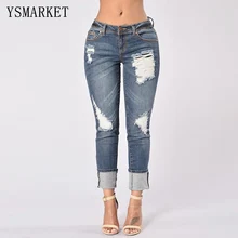 Boyfriend Distressed Hole винтажный бренд xl размер длинные джинсы синие джинсовые брюки женские Прямые рваные джинсовые брюки на пуговицах E0978