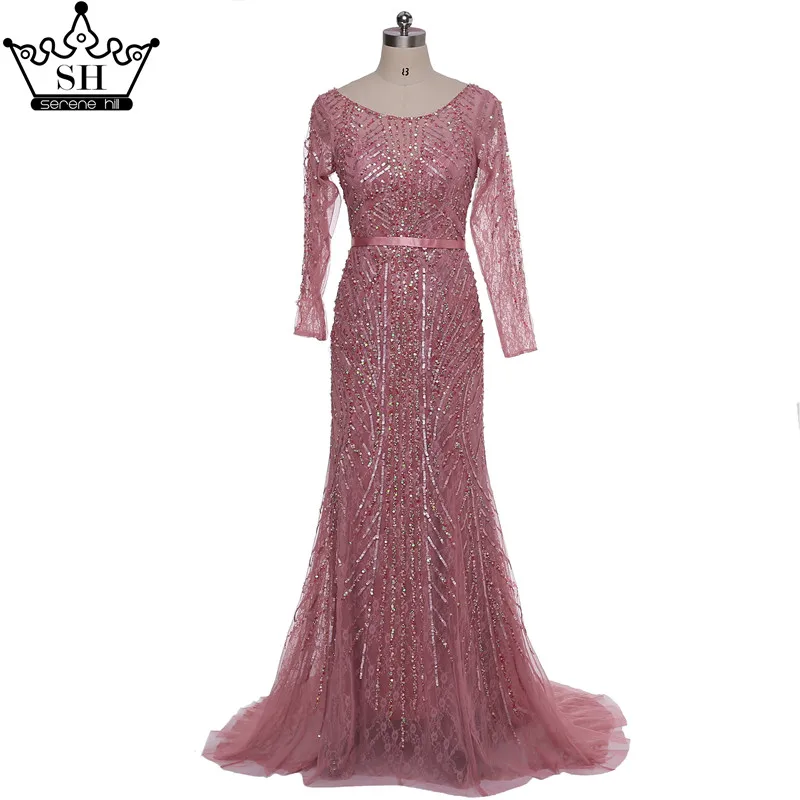 Вечернее платье с длинными рукавами, расшитое блестками и бисером, модное роскошное вечернее платье в стиле русалки, вечернее платье Serene hilm LA6030 - Цвет: pink