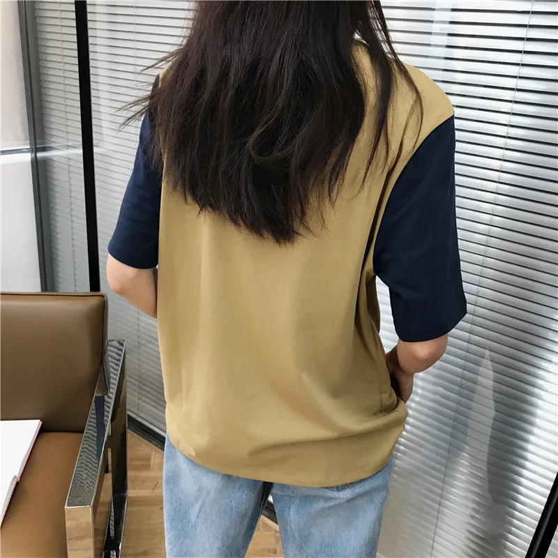 

2019 New Fabric Quality Pure Color Mercerized Cotton T-shirt O-Neck Patchwork Short Woman Clothes Shirt