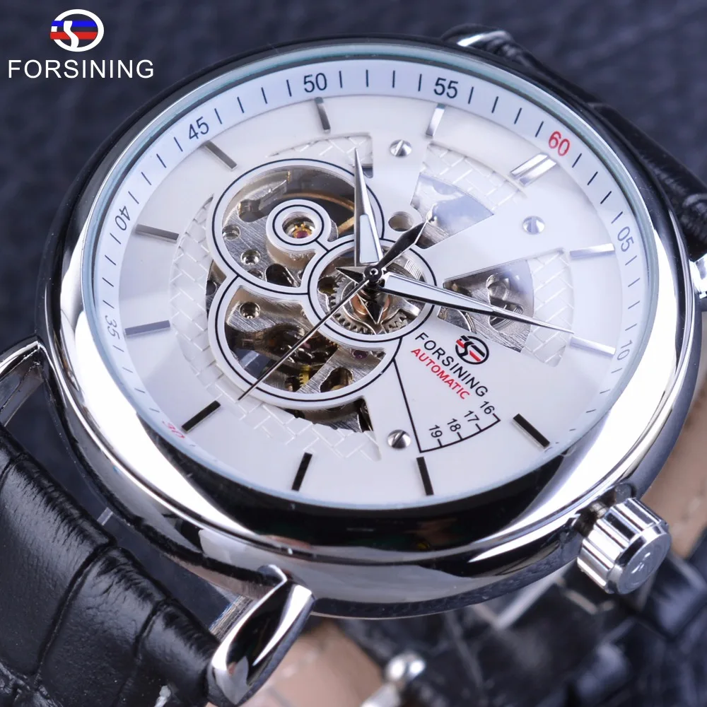 

Forsining British Design Leather Belt Half Skeleton Open Work Transparent Case Self Wind Men Automatic Watches Top Brand Luxury