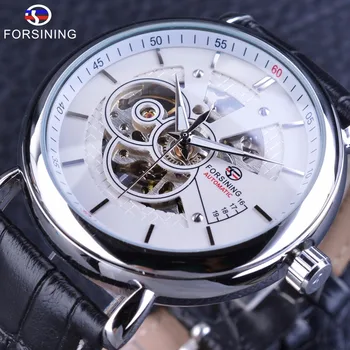 

Forsining British Design Leather Belt Half Skeleton Open Work Transparent Case Self Wind Men Automatic Watches Top Brand Luxury