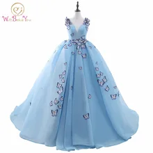 Реальное изображение бальное платье светильник голубое бальное платье для выпускного бала без рукавов v-образный вырез хлопок Тюль с бабочкой аппликация бандаж