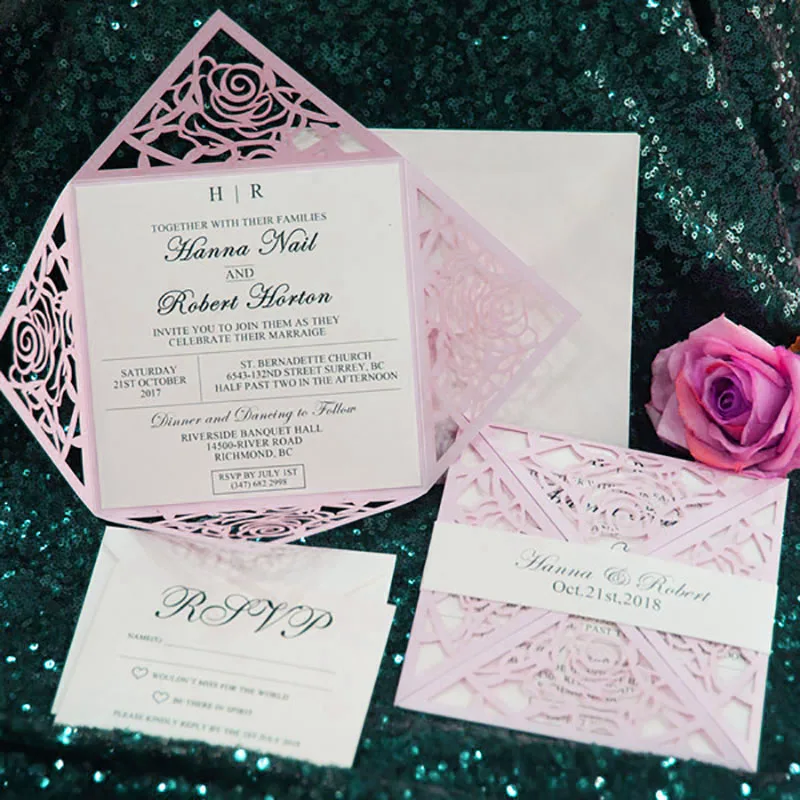  10 Kit Custom made Flower Pink Invitations For Wedding Cards Design Print Blank Laser Cut Invitatio - 32869266732