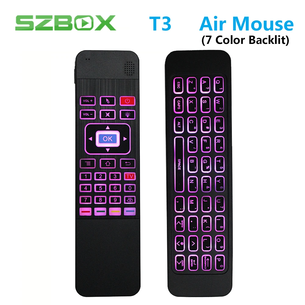 

T3 Air Mouse 2.4G Wireless Keyboard 6-Axis Gyro 7 Color Backlit Remote Control with QWERTY Keyboard for PC Android TV Box T3-C