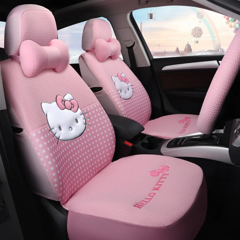 Мультяшные розовые чехлы на автокресла hello kitty из хлопка, четыре сезона, женские авточехлы, набор подушек, автомобильные аксессуары, милые для девочек