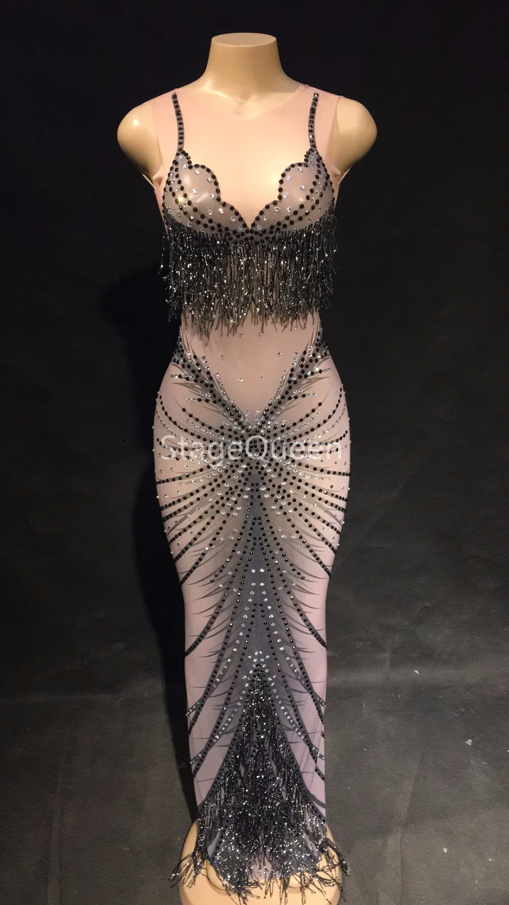 

Women Sexy Stage Dress Black Rhinestone Mesh Perspective Sleeveless Dress Wedding Birthday Celebrate Costume See Through Dress