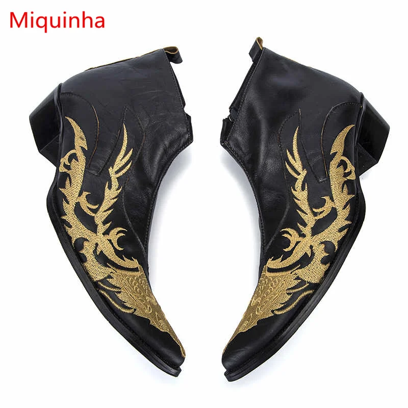

Miquinha Pointed Toe Gold Animal Pattern Embroider Men Ankle Boots Spring Autumn Leather Zippered Shoes Height Increasing Shoes
