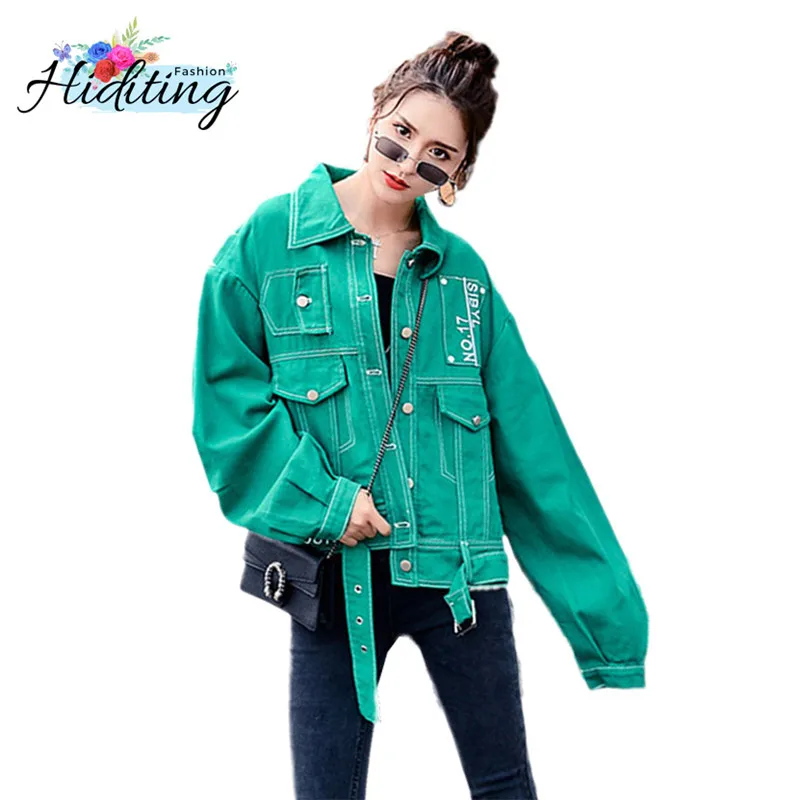 Autumn Candy Color green Denim Jacket Women Single breasted Tops Loose Long sleeves Feminino