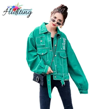 

Autumn Candy Color green Denim Jacket Women Single-breasted Tops Loose Long sleeves Feminino Denim Coat 2019 Spring Jacket WIN72