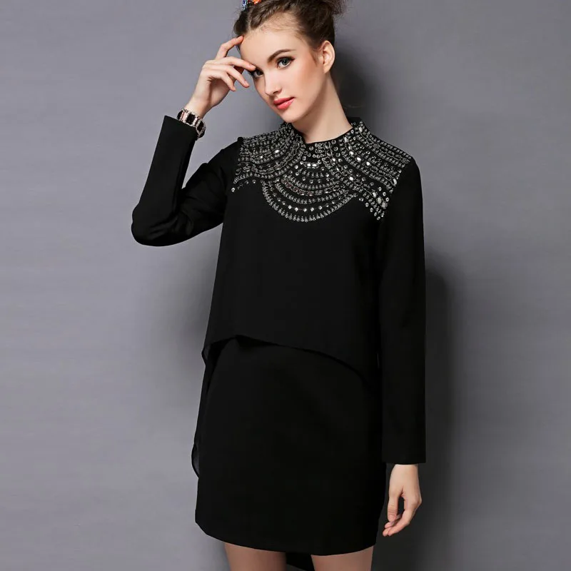 Download Women Black Long Sleeve Mock Neck Asymmetrical Embellished ...