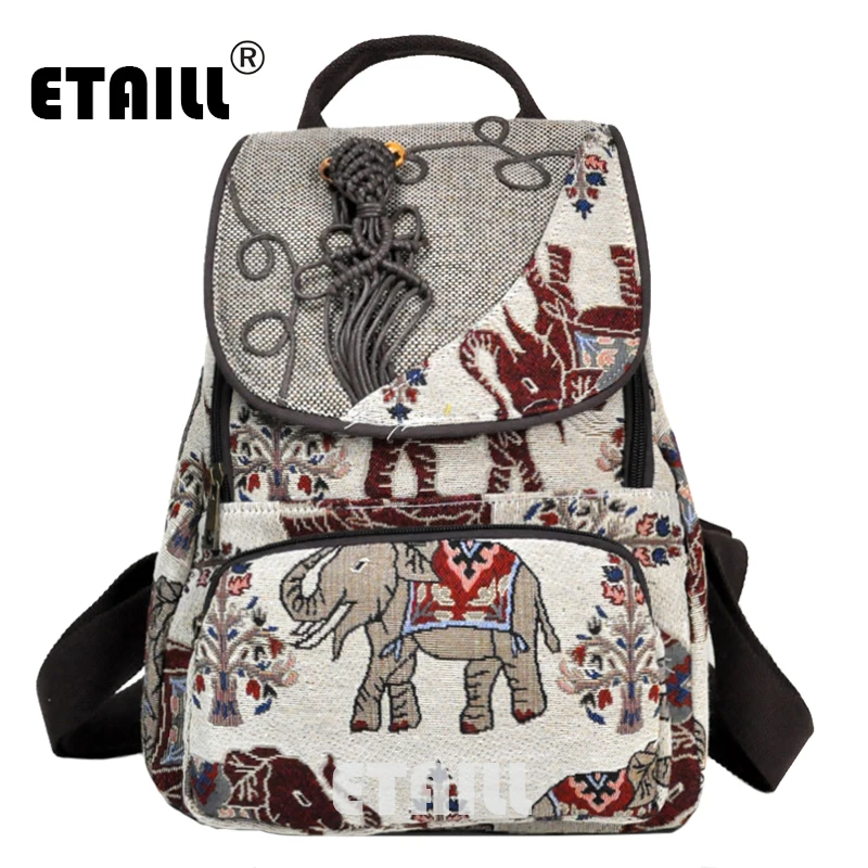 

ETAILL Thai Ethnic Style Elephant Embroidered Canvas Backpack Vintage Hmong Indian Ethnic Embroidery Bohemian Boho Rucksack