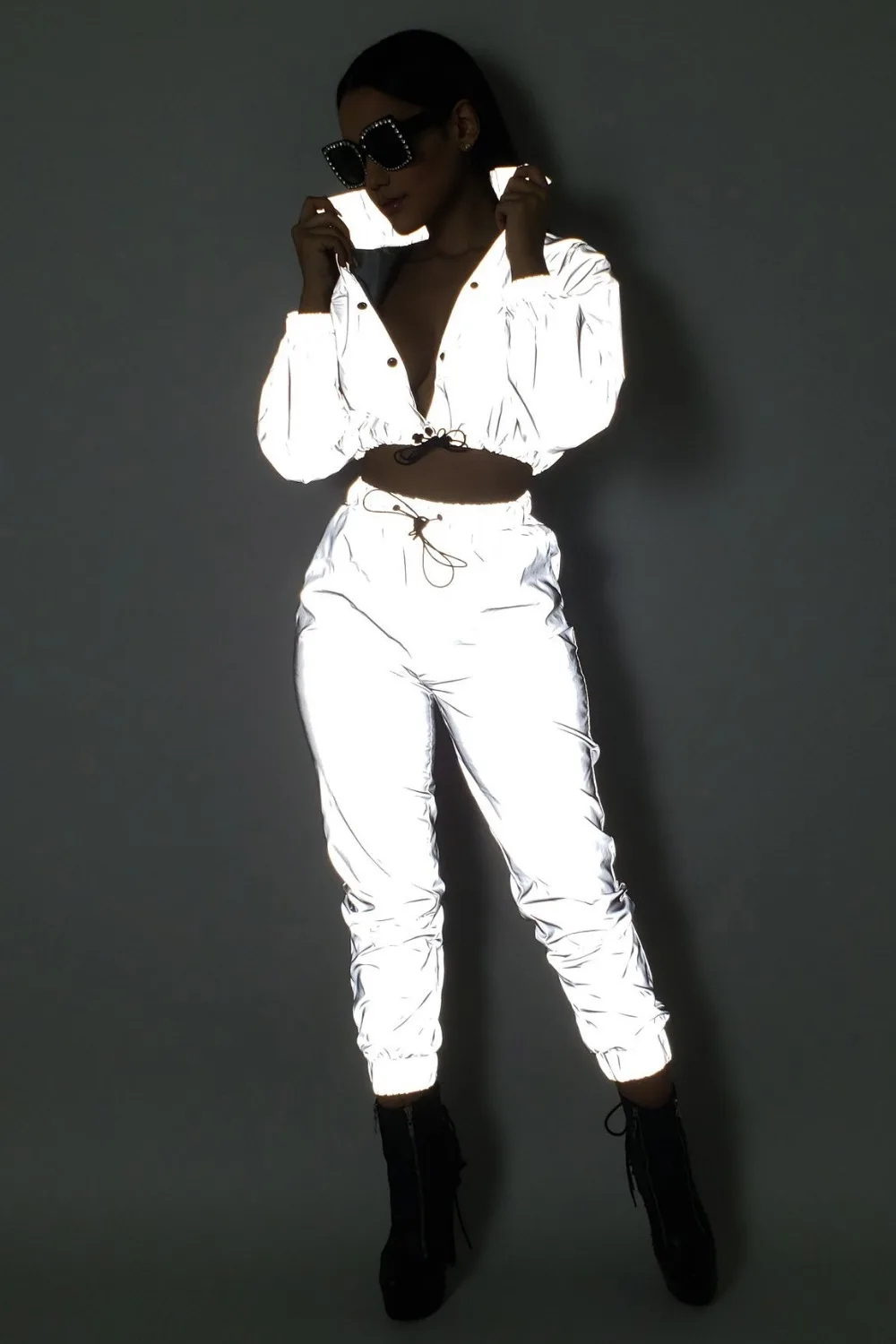 Echoine, спортивные костюмы для женщин, модный Светоотражающий Комплект из двух предметов, на пуговицах, спортивный костюм с длинным рукавом, сексуальный укороченный топ, длинные штаны, женская одежда