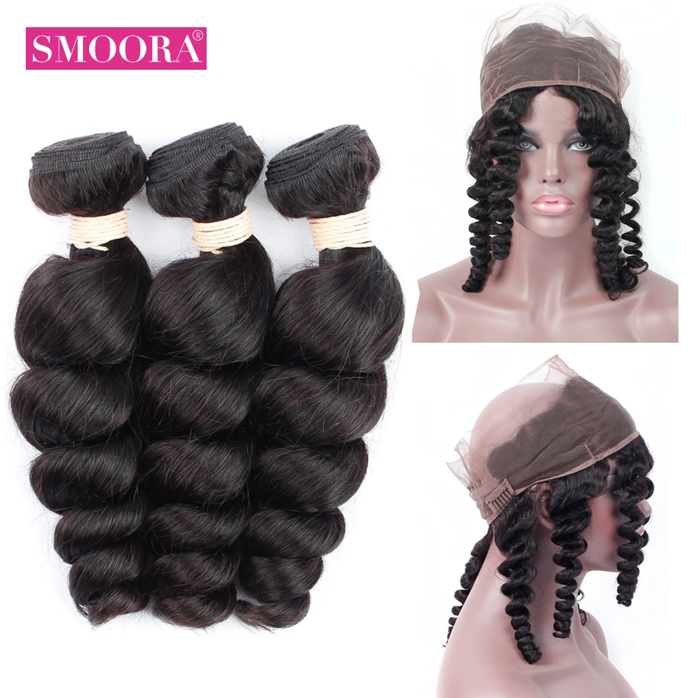 

Peruvian Loose Wave 3 Bundles With 360 Lace Frontal Closure Human Hair Bundles With Closure Peruvian Non Remy Hair Weave 4pc/lot