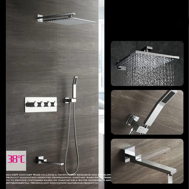 

Free shipping Bathroom Square Wall Mounted 10 inch Bath Shower Thermostatic Shower Sets 3-Way Bathroom Concealed Install S025