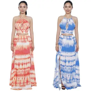 

Two Piece Women Dress Set Loose Casual Long Dresses Hanging neck Tops and Skirts Print Open-cut Long Pant Women sets Sundress