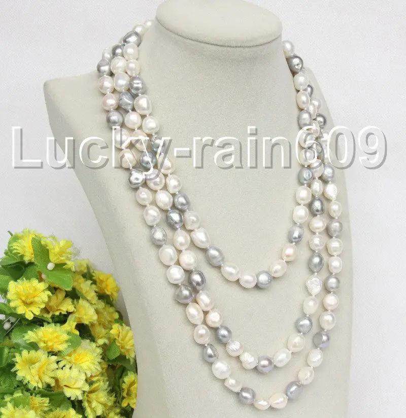 

natural 62" 12mm baroque white gray pearls necklace E8735