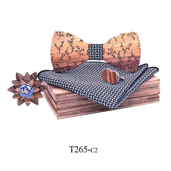 Модный мужской деревянный галстук-бабочка галстук набор носовой платок запонки деревянная Бабочка Свадебная брошь галстук деревянные галстуки Набор шейных платков свадебный подарок - Цвет: T265-C2