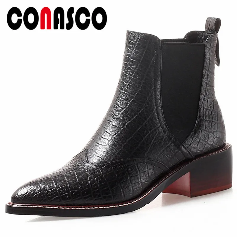 

CONASCO Retro Women High Heels Motorcycle Boots Pointed Toe Soft Genuine Leather Short Basic Boots Sexy Short Club Shoes Woman