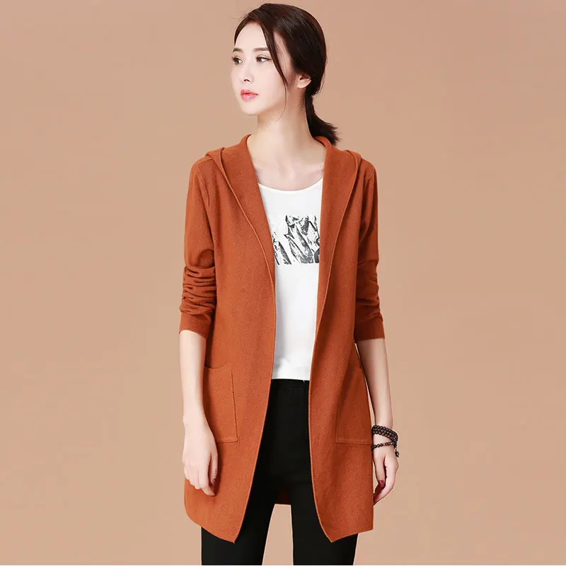 Camel color Осенне-зимний свитер с капюшоном женский длинный вязаный кардиган плюс размер новые свободные повседневные качественные женские свитера с завышенной талией топ Z390 - Цвет: Camel color
