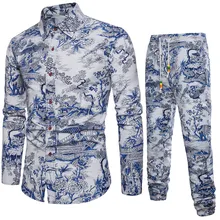 Art Style Handsome Boys Vacation Set Autumn New Shirts Long Sleeve Vintage Floral Printed Men Tracksuits Man Slim Long Parts 5XL