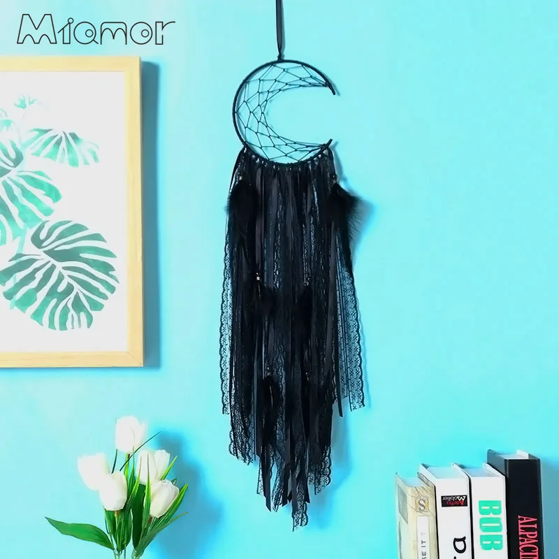 3 colores atrapasueños de media luna hechos a mano Red con plumas colgante de pared para el hogar y decoración de Bar y fiesta Amor0096