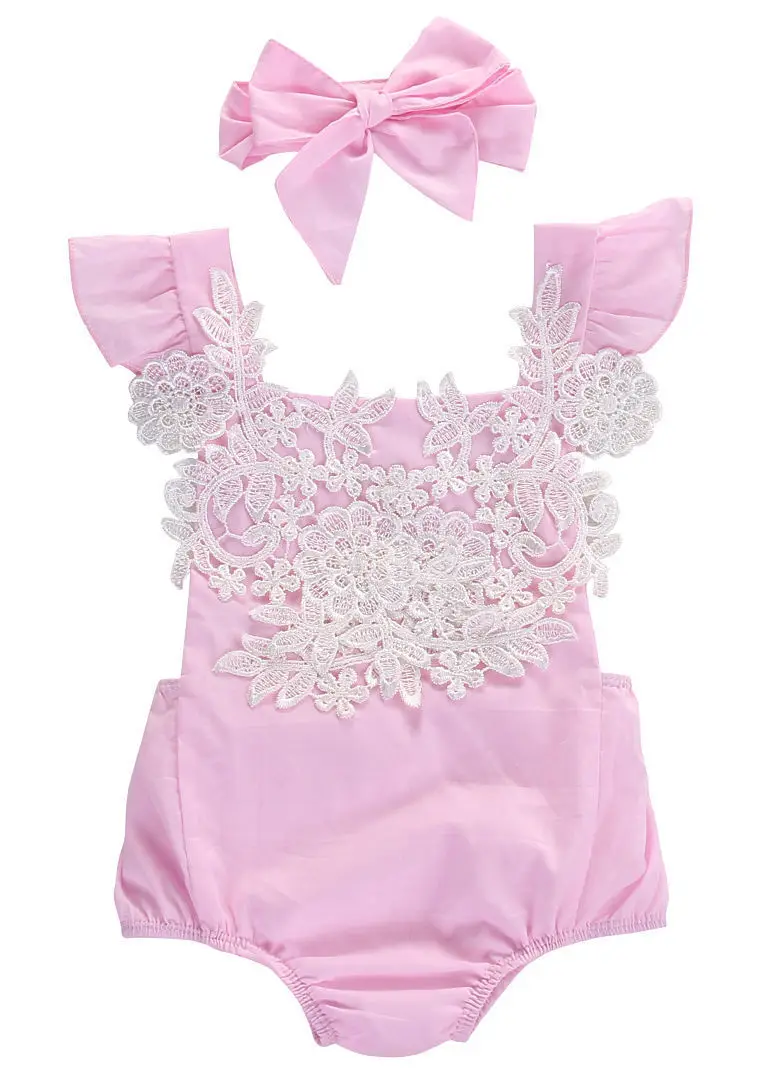 US Cute Pink Newborn Baby Girl Romper Lace Jumpsuit Headband Outfits Set Clothes