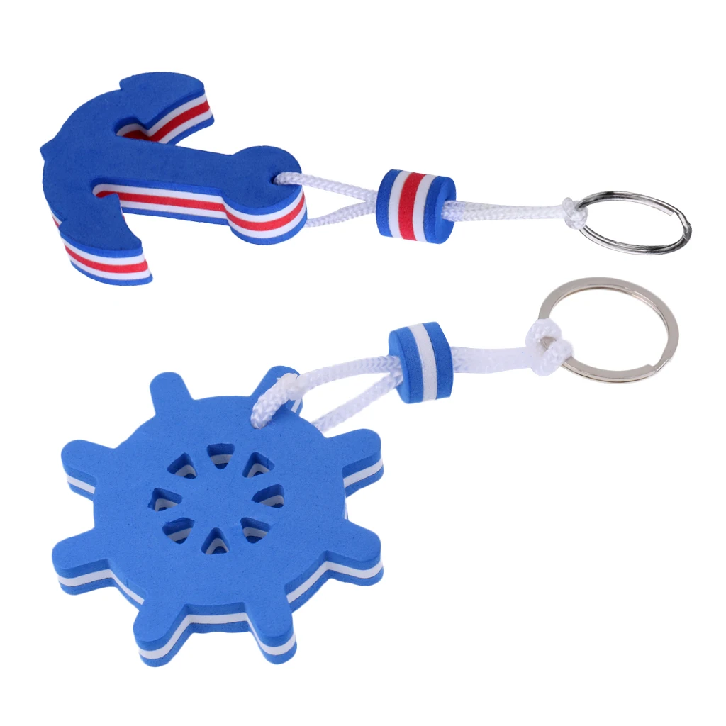 2 Pieces Kayaking Boating Sea Fishing Water Floating Keychain Key Ring for Couples Lovers- Anchor and Rudder Blue