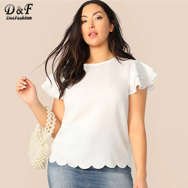 

Dotfashion Plus Size Solid Layered Butterfly Sleeve Scallop Hem Top Women 2019 Casual Summer Cap Sleeve Clothing Ladies Blouse