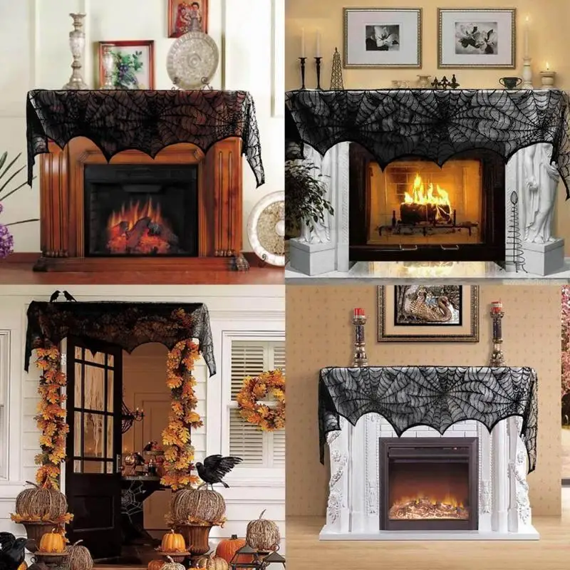 244cm halloween party supplies fireplace mantle scarf cover black lace spiderweb table cloth for halloween decoration - Halloween Fireplace 244cm halloween party supplies fireplace mantle scarf cover black lace spiderweb table cloth for halloween decoration - Halloween Fireplace