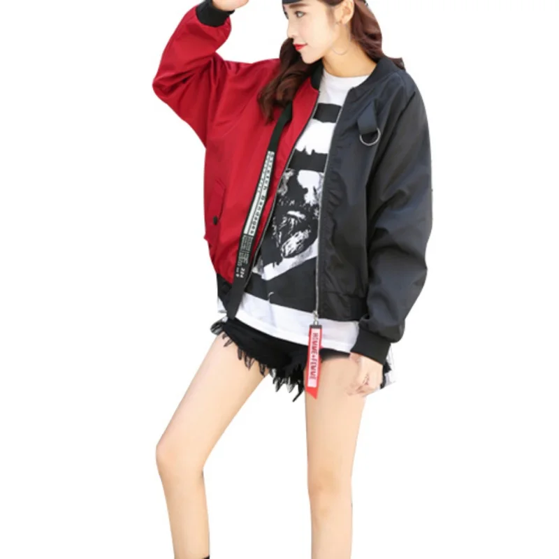 

Patchwork Casual Bomber Jacket Women Two Tone Patch Back Autumn Jackets 2018 New Letter Ribbon Zip Up Jackets for Women