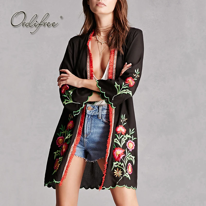 

Ordifree 2017 Summer Japanese Kimono Cardigan Floral Embroidery Chiffon Blouse Shirt Flower Embroidered Black Long Cardigan