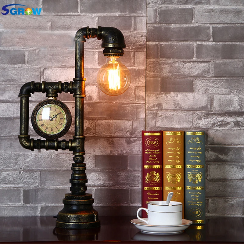 SGROW Loft промышленного ретро настольная лампа железная труба, настольная лампа E27 Edison ЛАМПЫ ДЛЯ Спальня Творческий Дизайн часы настольные огни