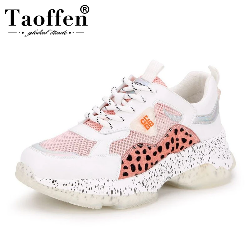 

Taoffen Genuine Leather Leopard Sneakers Women Mesh Breathable Lace Up Casual Shoes Thick Sole Vulcanized Shoes Size 35-40
