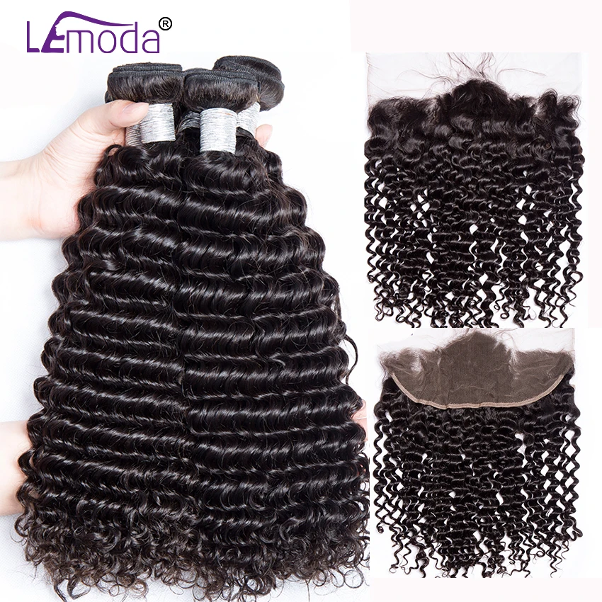 

Malaysian Curly Human Hair 3 Bundles With Frontal Closure LeModa Remy Hair Extensions 13X4 Ear To Ear Frontal With Bundles