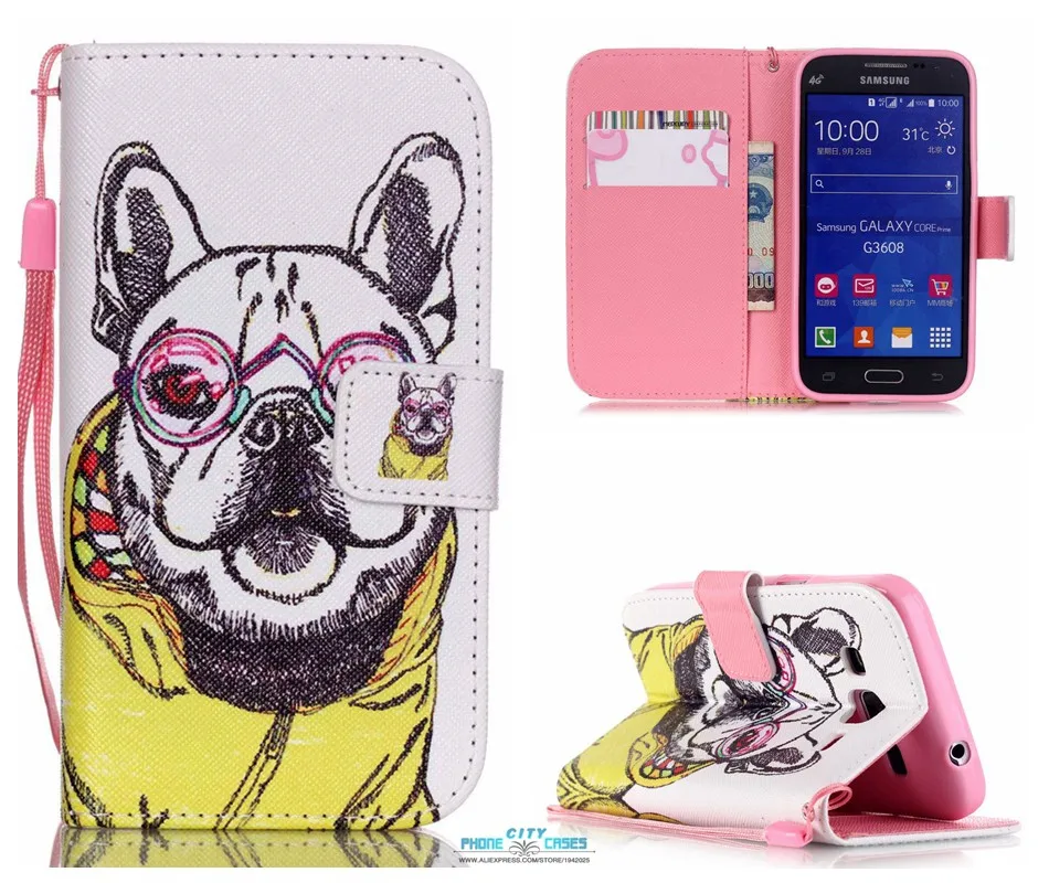 Fundas Para For G360 shell Cute Pug dog Unique pattern Stand Flip Wallet Silicon Back Cover For Samsung Galaxy Core prime Case (6)