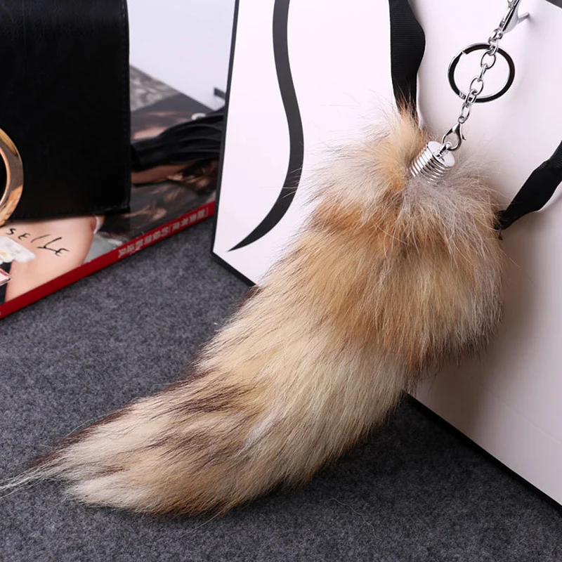 

New Fashion Fox Tail Keychain Fox Fur Keychain Hot Large Wolf Tail Fur Tassel Bag Tag Black And Brown Keychain Strap Chain S3877