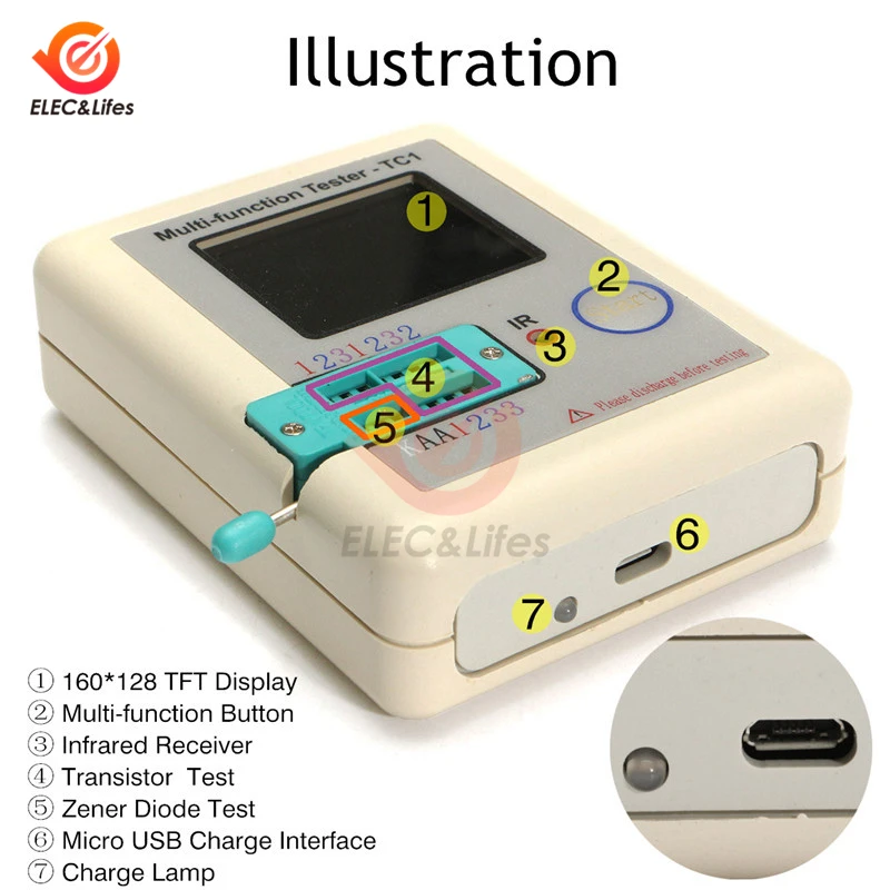 LCR-TC1 160*128 TFT LCD Color Display Graphic PNP NPN ESR Transistor Tester Multimeter Diode Triode Capacitance Meter Resistor 3