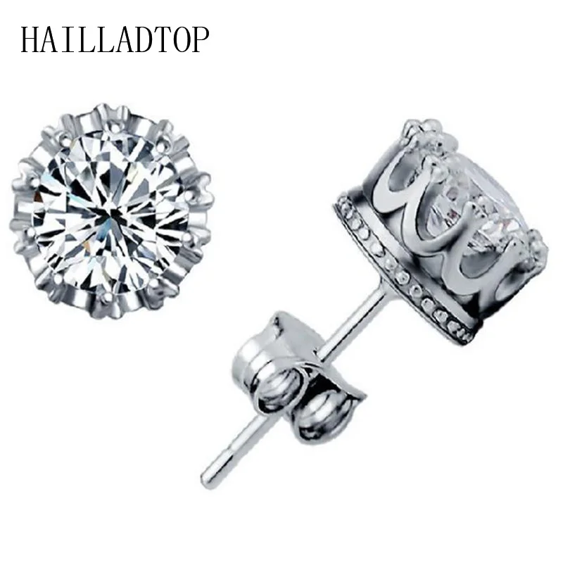 

925 Sterling Silver Full Crystal Stud Earring With CZ Diamonds Lady Crown Earring Trendy Platinum Plated Coroa Brincos Pendiente