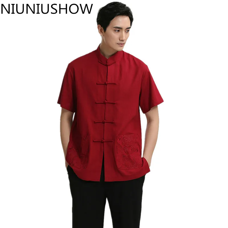 Red Chinese Classic Men Casual Short Sleeve Shirt Cotton Linen Kung Fu ...