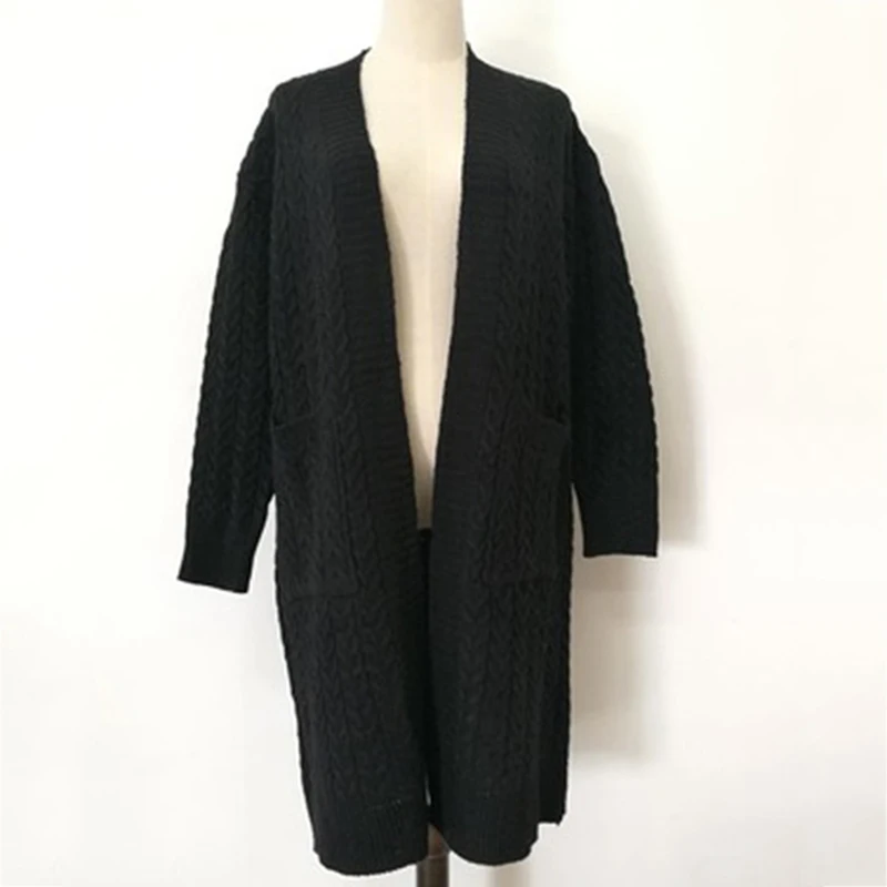 Кардиган с открытым передом, свитера для женщин, верхняя одежда с длинным рукавом, новая мода, женское элегантное вязаное пальто с карманами, свитера, большие размеры - Цвет: Черный