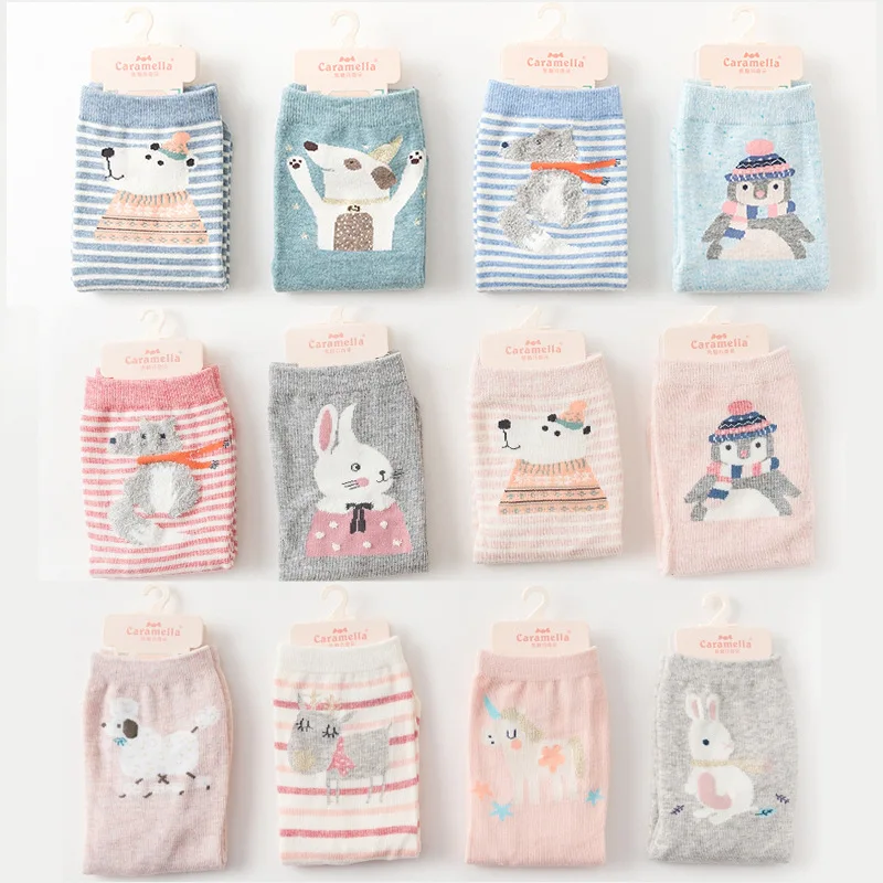 

2018 women socks autumn 4 pairs school style cotton cute cartoon Korean striped women fashion socks for women high quality