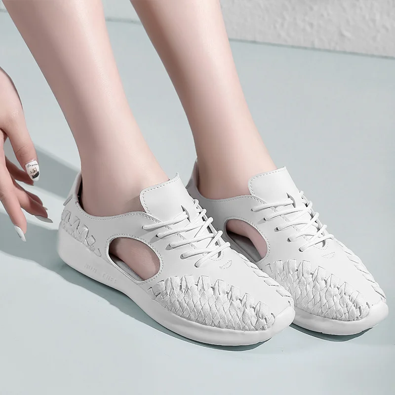 

Dropshipping 2018 Summer Women Shoes Flats Woven Zapatos Mujer Solid White Chaussures Lace Up Femme Shallow Breathable Sneakers