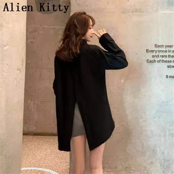 

Alien Kitty Summer Solid Lazy Style New Women V-Neck Casual Loose Sexy All Match Long Sleeves Fresh Female Sweet Black Shirts